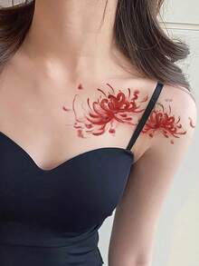 1 pieza Tatuaje temporal de línea de hibisco rojo degradado, decoración personalizada para el hombro, resistente al agua y al sudor, sin decoloración - Multicolor - Ver 3
