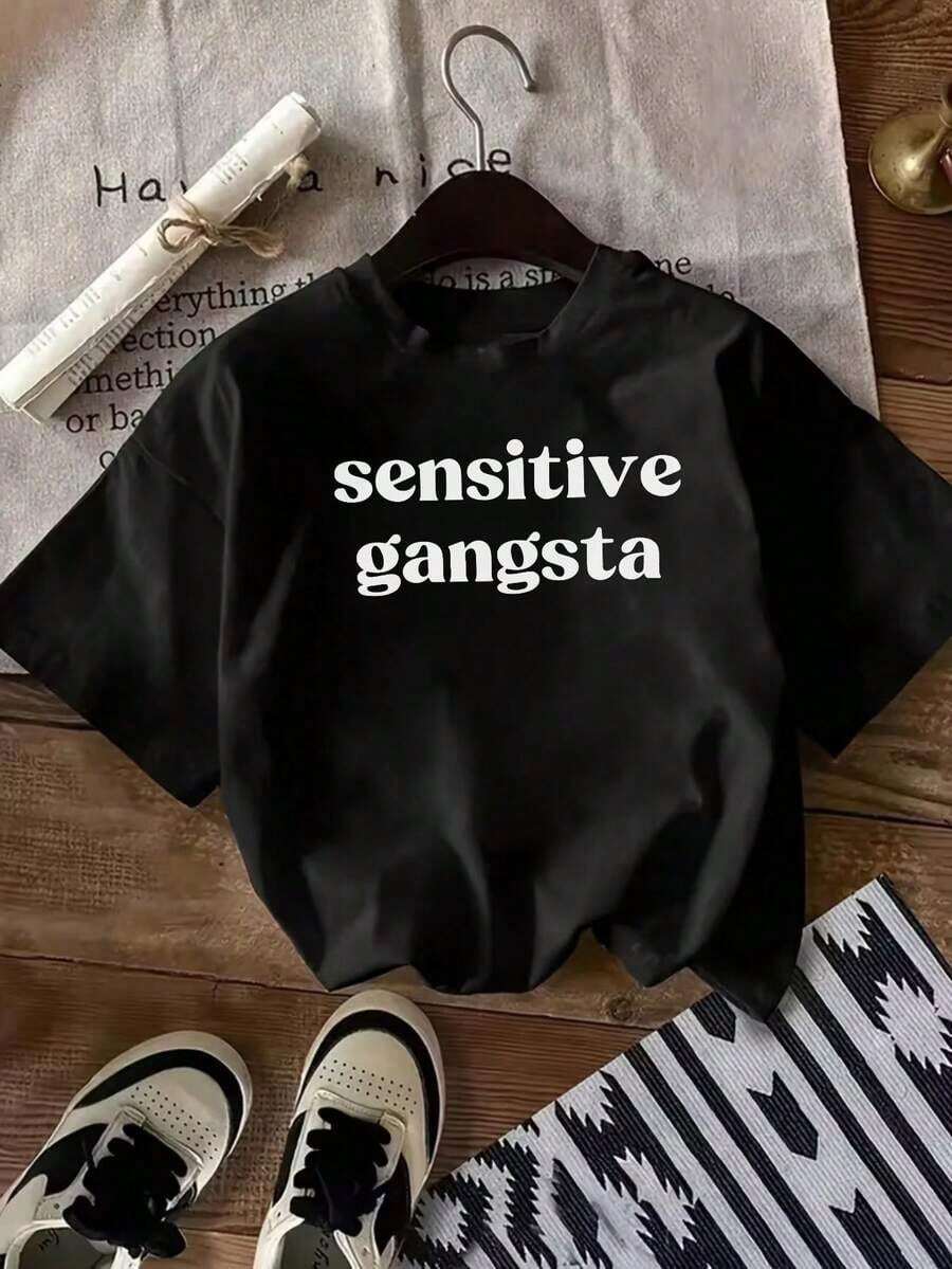 1 Piece Women's Fashion T-Shirt With Round Neck And Graphic Print, 100% Cotton, Gangsta Print, Perfect Family Gift, Urban Sporty Style, Machine Washable, New 2026 Model, Popular Merchandise, Local Delivery, 180g 100% Cotton - 黑色 - 查看 1