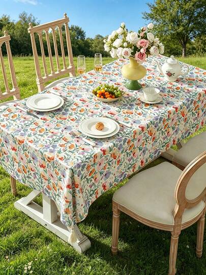 1pc Waterproof & Stain-Resistant Floral Pattern Tablecloth, Cute & Fresh Tassel Decor, Suitable For Festivals, Parties, Birthdays, Daily Dining, Kitchen & Dining Room Decor, All Seasons