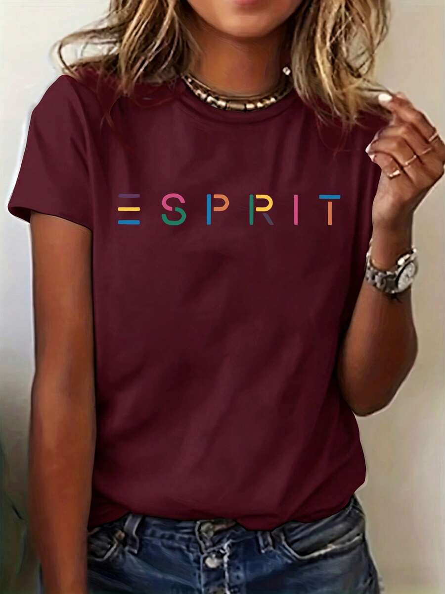 Women's Fashion Colorful Letter Print Round Neck Short Sleeve Casual T-Shirt Summer - Burgundy - View 1