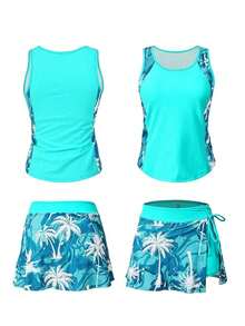 Swim Lushoire Conjunto de traje de baño con estampado que disimula y es favorecedora para mujeres de vacaciones en la playa - Agua verde azul - Ver 4