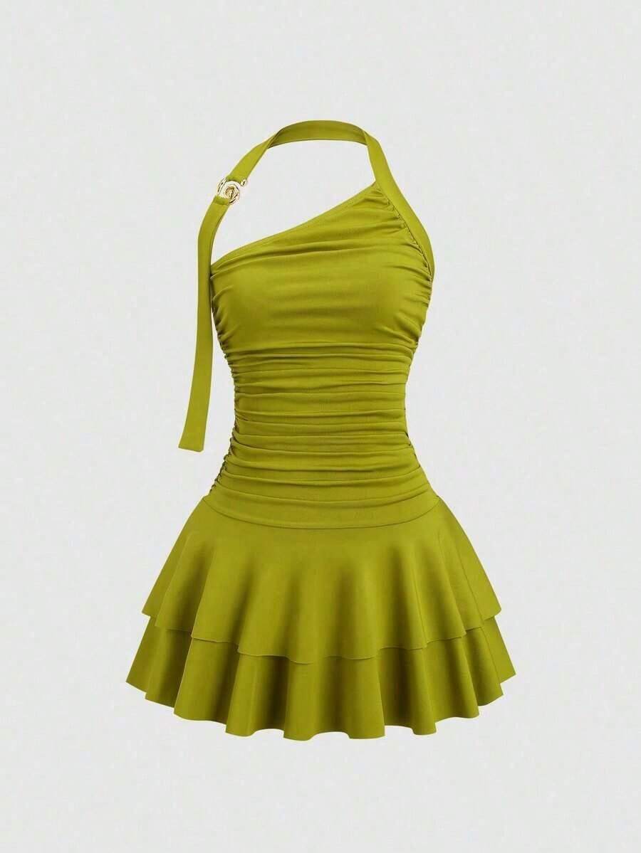 Nuevo diseño de vestido mini para mujer con falda en forma de pastel, cuello halter, y ribete metálico en espiral que estiliza la silueta - Verde Oliva - Ver 1