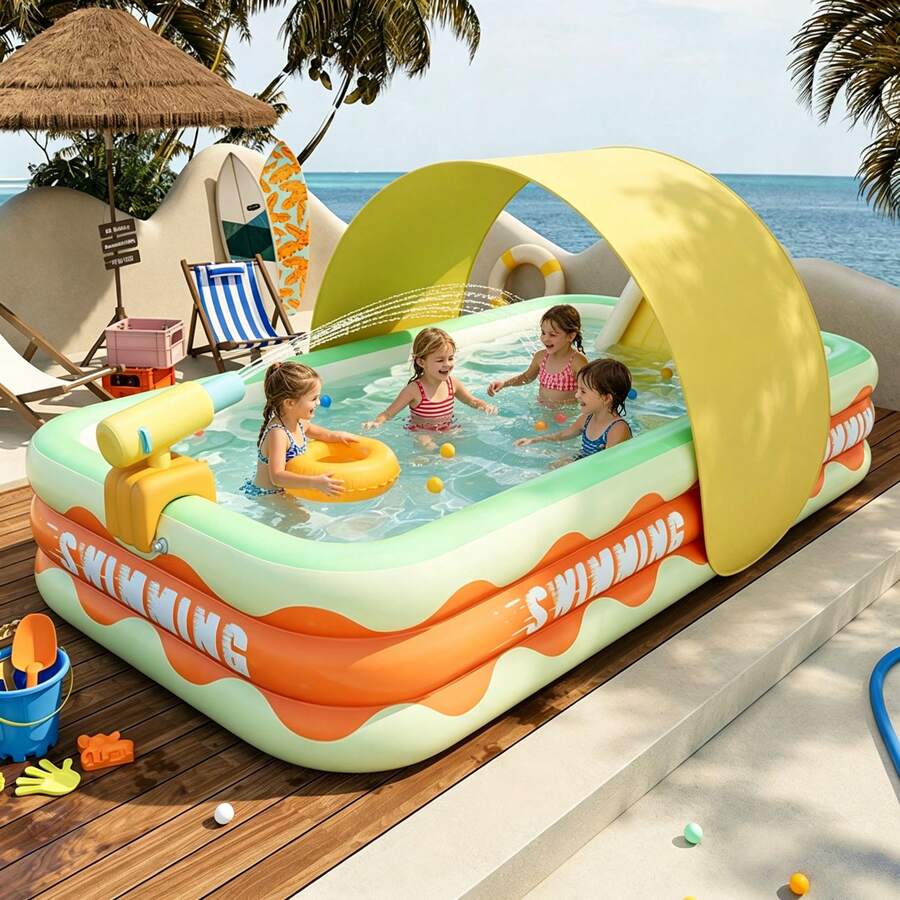 Piscina inflable, piscina familiar de gran espacio con patrón de ola en el borde, tobogán inflable grande, base estable, anti-vuelco, adecuada para natación de verano y entretenimiento al aire libre en el patio trasero, reunión familiar - C - Ver 1