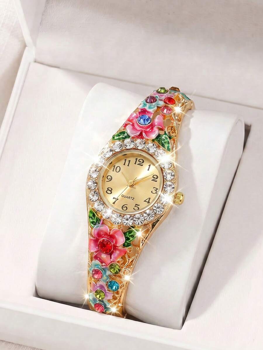 1件珐琅花朵水钻女童手表,复古金色石英腕表,促销/年末/生日礼物/节日礼物 - 金色 - 查看 1