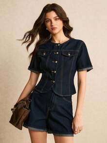 Conjunto de top de manga corta con botones delanteros y shorts vaqueros de estilo casual para mujer - Azul lavado oscuro - Ver 3