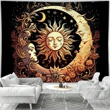 1 pieza Tapiz con sol y luna sobre fondo negro con patrón bohemio dorado, decoración de pared para un estética mística y celestial, decoración de pared de arte bohemio chic - Multicolor - Ver 4