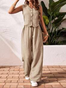 Set de 2 piezas de top de tirantes y pantalones de unicolor casuales de vacaciones - Champán - Ver 1