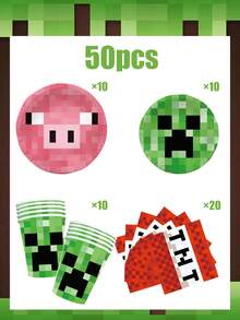 Minecraft 我的世界像素矿工主题生日派对用品套装，一次性餐具套装，包含盘子、杯子和餐巾纸，以及游戏玩家横幅，我的世界风格派对装饰，绿色像素世界生日派对用品，非常适合生日派对、游戏主题派对，一应俱全的派对套装，易于清理。 - 多款 - 查看 14