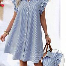 Plus Size Fashion Spring/Summer Casual Striped Front Button Cap Sleeve Dress - Azul - Ver 4