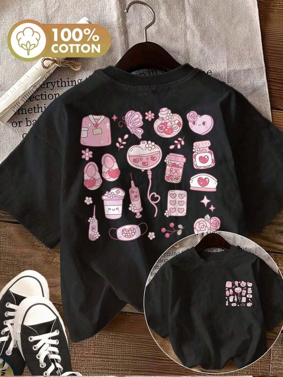 Women's Cotton Valentine's Day T-Shirt With Double-Sided Print And Cute Designs And Motifs Of A Nurse, Syringe, Heart, And Medicine Mask. Casual Summer Top With A Round Neck And Short Sleeves. - 黑色 - 查看 1