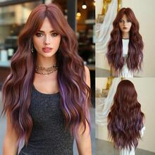 7JHH WIGS Pelucas largas onduladas y rizadas con flequillo de cortina para mujeres, de 28 pulgadas, de fibra sintética resistente al calor, esponjosas para uso diario, fiestas y cosplay (Rubio Ombré, Marrón Ombré, Rojo, Gris, Marrón Miel, Púrpura, Marrón Cálido) - Multicolor - Ver 15
