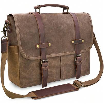 NEWHEY 15.6 Inch Men's Waterproof Vintage Genuine Leather & Waxed Canvas Messenger Bag, Large Capacity One Shoulder Bag, Durable Leather Laptop Briefcase, Suitable For Autumn Travel, Christmas, Winter Gift, Holiday, Handbag, Leather Bag, Shoulder Bag, Waist Bag, Travel Essential, Retro Bag, Valentine's Day Sticker, Summer Valentine's Day Gift, Retro School Holiday Bag, Spring Retro Bag