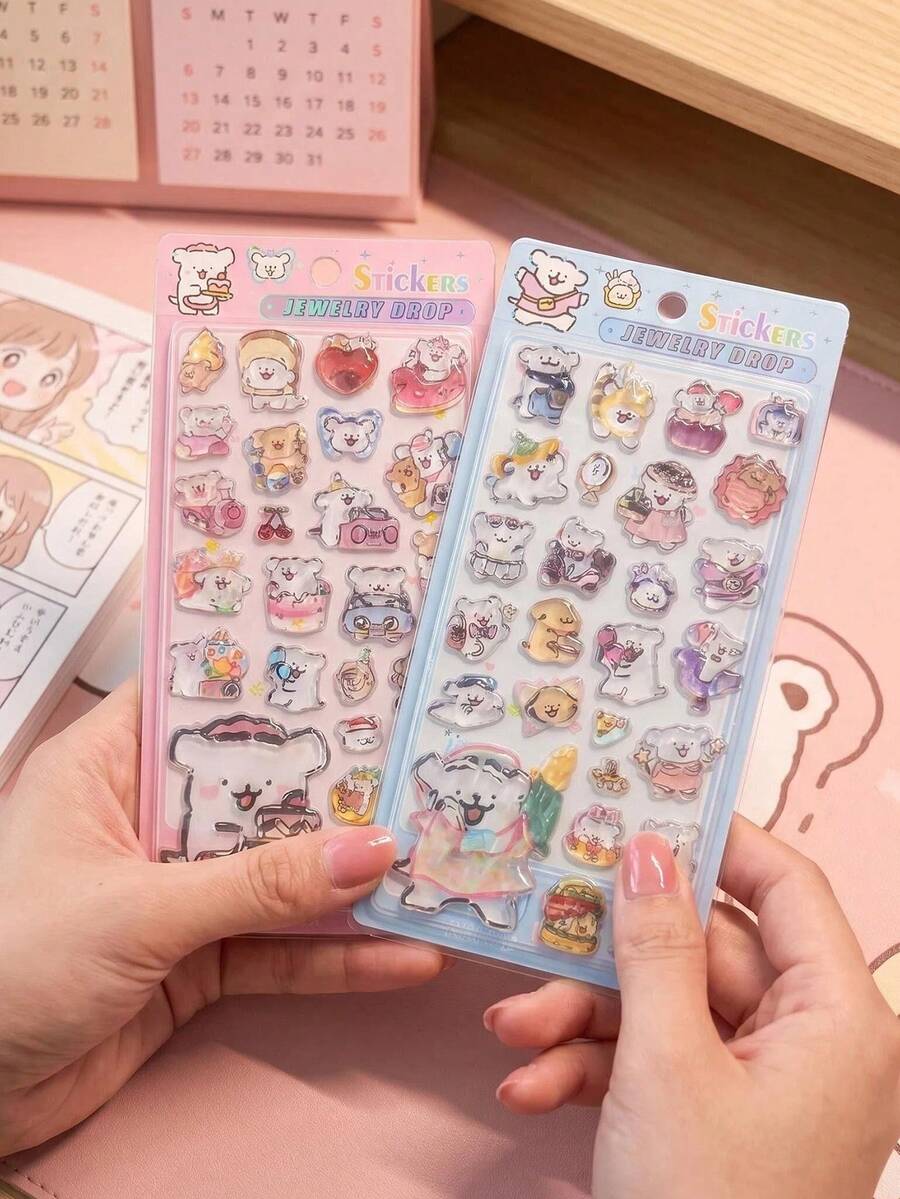 Cute 3D Cartoon Stickers, Transparent Embossed Creative Diary Stickers, Crystal Diamond Decorative Stickers, Christmas/Thanksgiving/Birthday Gifts For Children - Multicolor - View 1