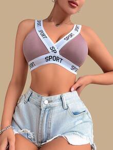 1pc Women Fashion Casual Letter Ribbed Soft Cup Bra, Comfortable Wireless With Pads, Medium Support Sports Bra Underwear - Pink - View 5
