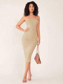 Vestido casual de cena ajustado sin tirantes y de silueta ceñida para mujer - Beis - Ver 3
