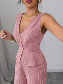 Elenzya Nuevo conjunto de traje formal de mujer a rayas azul marino y blanco, diseño de cintura ceñida y línea A, elegante chaleco sin mangas a rayas para el viaje diario, estilo callejero francés vintage para negocios. Adecuado para verano, Día de la Independencia, graduación y temporada de vuelta al colegio. El atuendo de otoño para mujer presenta decoración de botones metálicos, sofisticado y elegante, adecuado para la oficina, el viaje, el estilo callejero, lo francés romántico, lo casual, lo vintage de Oriente Medio, el té de la tarde, las fiestas, Acción de Gracias y la primavera/verano. - Rosa - Ver 4