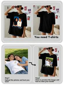 Women's Y2K Style Custom Loose Fit T-Shirt, Upload Your Selfie/Friends/Pets/Family Photo, Enter Your Text/Blessing/Name/Meaningful/Funny Text, Casual Black Crew Neck, Short Sleeve, Oversized, Summer, Holiday Gift, Valentine's Day Gift, Music Festival Merchandise, Special Gift, Creative Gift, Couple/Best Friend Matching, Teamwork, Corporate Customization, One Of A Kind - 黑色 - 查看 4