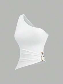 Conjunto de blusa con cuello asimétrico, un solo hombro y decoración de hebilla metálica, adecuado para vacaciones en la playa - Multicolor 3 - Ver 6