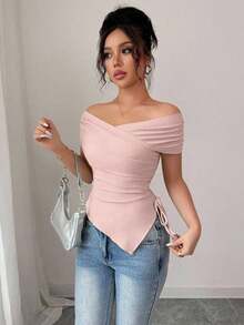 Camiseta de manga corta ajustada y hombros descubiertos para mujer, de estilo casual y apropiada para el día a día, para el verano - Rosa - Ver 4