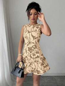 Vestido mini elegante de estilo bohemio con estampado floral, sin mangas y cintura ceñida para mujeres, conjunto de verano con acabado tejido al estilo francés para graduaciones, primavera/verano - Marrón - Ver 4