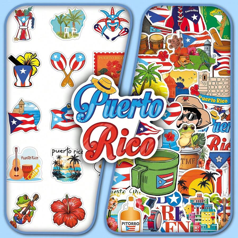 50pcs Puerto Rico Local Culture, Music, Food Cartoon Decorative Stickers For Water Bottles, Scrapbooking - View 1