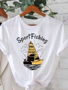 Camiseta de pesca de las mujeres - yate y pesca impresión manga corta, blusa de vacaciones de playa informal adecuado para viajes de pesca, navegación en barco, trajes náuticos, primavera / verano al aire libre, lavable a la máquina estilo no yate - Blanco - Ver 2