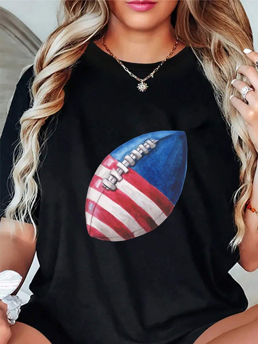 Happy New Year! A New Year's Gift Featuring An American Flag Football Design – Stylish And Casual For Women, Perfect For A Modern Lifestyle – A Breathable, Sweat-Wicking, Lightweight, And Comfortable Printed Sports T-Shirt - 黑色 - 查看 1