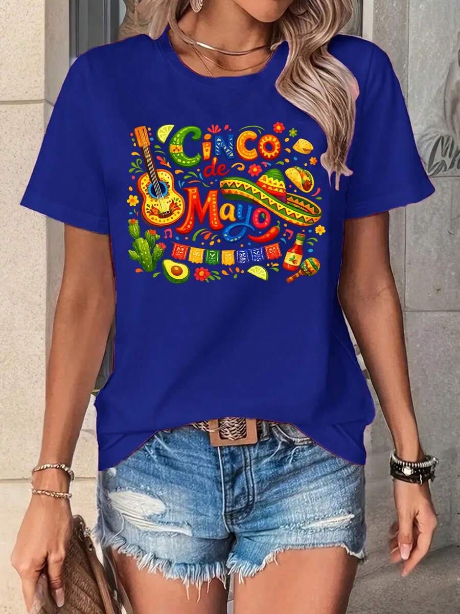 Women's "Happy Cinco De Mayo" Party T-Shirt | Feminine Style, Vintage Style Women's Blouse | Summer 2026, Printed Short Sleeve | Soft Fabric, Round Neck, Slightly Stretchy Material | Regular Fit, Adult Sizes, Short Sleeve T-Shirt. - 深灰色 - 查看 1