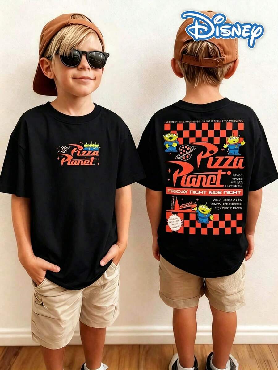 Disney Toy Story Pizza Planet Themed Kids' T-Shirt: Black Base With Double-Sided Print Of 'Pizza Planet' Logo, Aliens And Retro Fast-Food Elements. The Style Fits Kids' Multi-Scene Daily Wear - màu đen - Xem 1