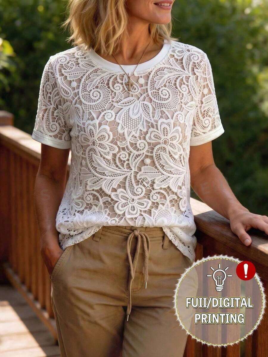 Camiseta casual de mujer de unicolor con cuello redondo, versátil para el verano - Multicolor 5 - Ver 1