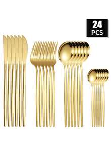 4/24/32/40 piezas Juego de cubiertos de acero inoxidable estilo portugués, incluye cuchillos, tenedores, cucharas, cucharitas de café, adecuado para restaurantes, hoteles, bodas, regalos festivos - Dorado - Ver 10