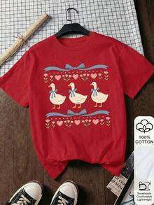 Cute 90s Vintage Goose Design T-Shirt, Comfortable Short Sleeve T-Shirt With Cartoon Letter Print, Suitable For Various Occasions, As A Gift For Festivals, Birthdays, Music Festivals, Casual And Versatile Wear, For Beach Vacations, Simple And Fashionable, Suitable For Daily Wear By Women And Girls. -High-Quality Breathable - 紅色 - 查看 2