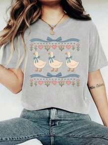 Cute 90s Vintage Goose Design T-Shirt, Comfortable Short Sleeve T-Shirt With Cartoon Letter Print, Suitable For Various Occasions, As A Gift For Festivals, Birthdays, Music Festivals, Casual And Versatile Wear, For Beach Vacations, Simple And Fashionable, Suitable For Daily Wear By Women And Girls. -High-Quality Breathable - 淺灰色 - 查看 1