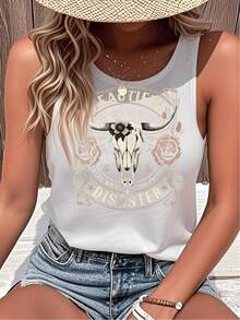 Beautiful Disaster Cow Skull Roses Tank Top Women's Summer Graphic Tee Loose Fit Beach Vacation Outfit - 白色 - 查看 2