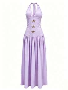 Damen Einfarbiges Seestern Metall Besatz Chiffon Saum Strandurlaub Sexy Kleid - Violett - Übersicht 1