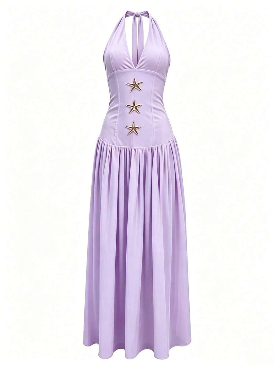 Damen Einfarbiges Seestern Metall Besatz Chiffon Saum Strandurlaub Sexy Kleid - Violett - Übersicht 1