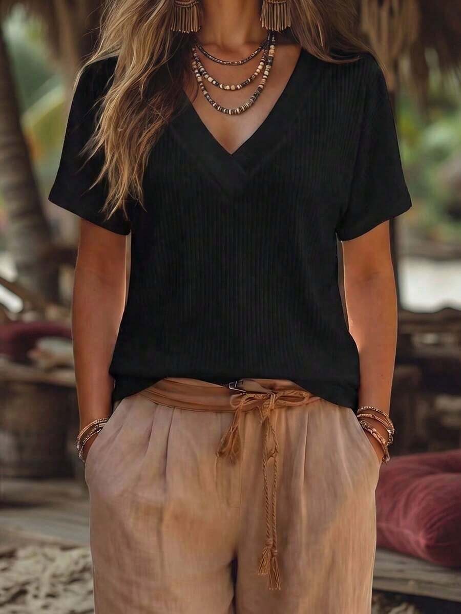 Camiseta de manga corta de uso diario versátil y casual con cuello en V para mujer - Negro - Ver 1