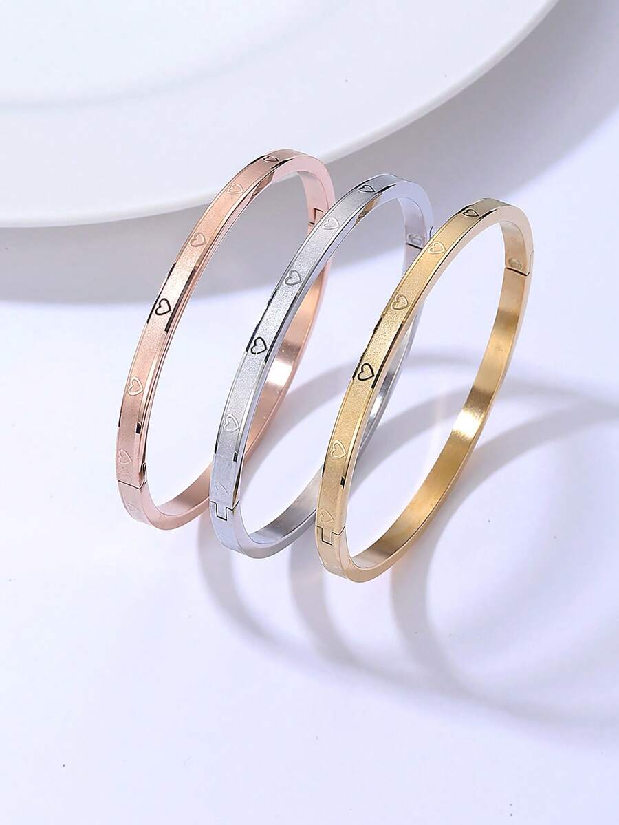 Bộ 3 chiếc vòng tay bằng thép không gỉ tối giản, đa năng, thiết kế hình trái tim khắc họa tiết, khóa cài, quà tặng cho phụ nữ, bạn gái, Ngày của Mẹ. - Nhiều màu - Xem 1