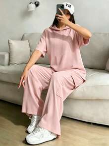 Conjunto De Top Corto De Manga Larga Y Pantalón Para Mujer Con Diseño De Bloques De Color - Rosa Pálido - Ver 2