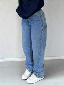 2026 Nuevos Jeans de Pierna Recta Holgados para Mujer, Lavado Vintage, Elegante y de Moda, Estilo Streetwear Y2K, Tela No Elástica, Adecuado para Uso Casual de Primavera/Verano, Negro - Azul - Ver 1