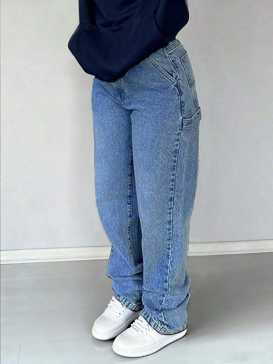2026 Nuevos Jeans de Pierna Recta Holgados para Mujer, Lavado Vintage, Elegante y de Moda, Estilo Streetwear Y2K, Tela No Elástica, Adecuado para Uso Casual de Primavera/Verano, Negro - Azul - Ver 1