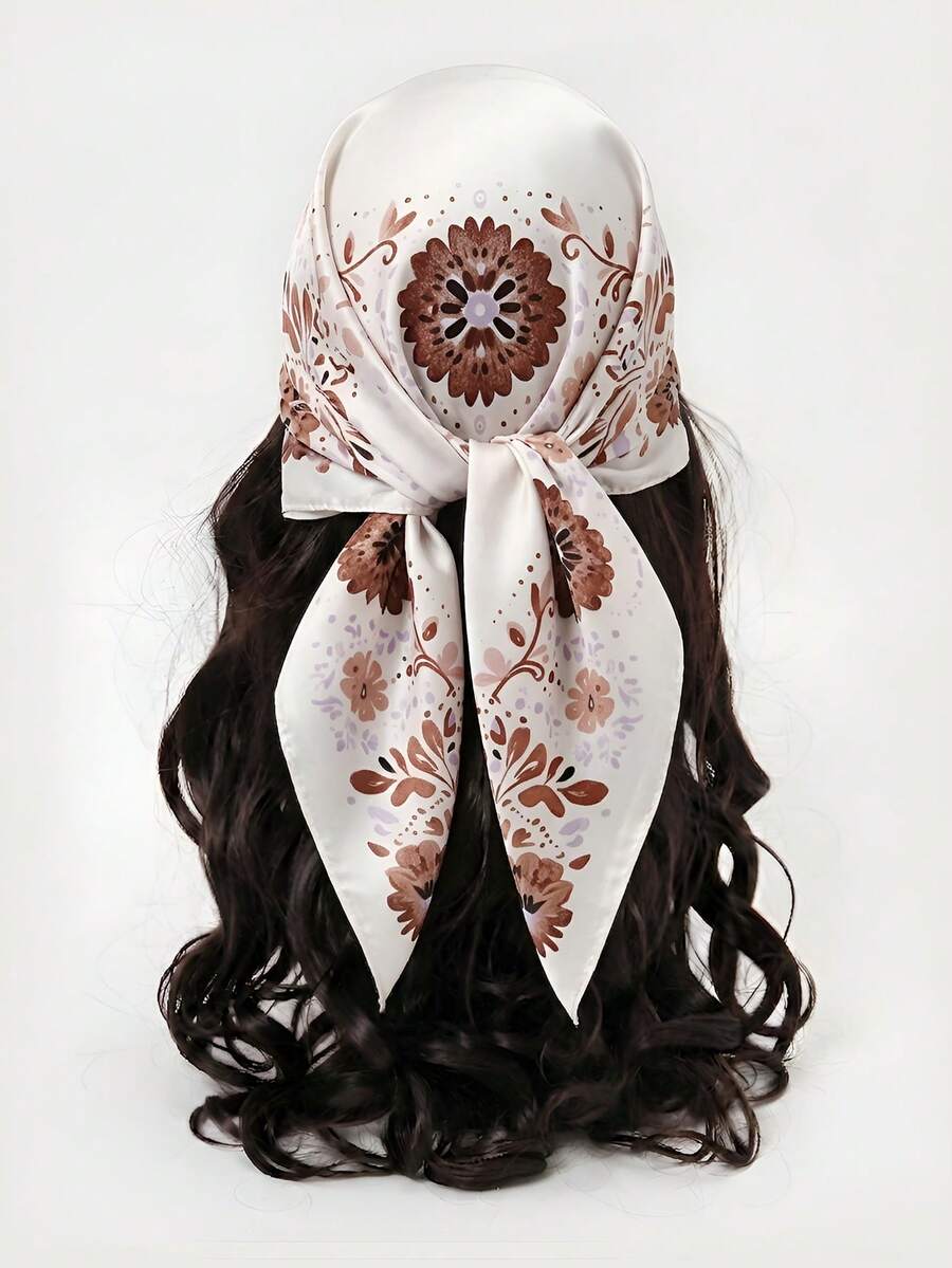 1 pièce Foulard polyester imprimé floral, accessoire décoratif polyvalent pour toutes les saisons - #1 Brun - Voir 1
