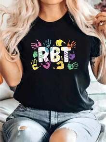 Camia para Mujeres Concientizadas sobre Enfermedades Mentales, Técnica de Comportamiento Registrada (RBT) - Diseño con Estampado de Manos Coloridas y Letras, Cuello Redondo Casual y Suave, Manga Corta, Elasticidad Media, Lavable a Máquina, Apta para Todas las Temporadas, Ideal para ABA, Terapeutas y Apoyadores - Transpirable y cómoda. - Negro - Ver 1