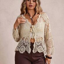 Plus Size Casual Solid Color Openwork Knit Cardigan Winter Fall Autumn - Púrpura malva - Ver 6