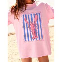 Graphic Women T‑Shirts,Women'S Pink Lobster And Blue Striped T-Shirt | White Casual Summer Beach Wear, Vertical Stripes And Wave Print, Pink Lobster Design, Short Sleeve Round Neck Top, Suitable For Vacation, Pool Party, And Daily Wear,Summer Clothes, Beach Women T-Shirts,Women's Oversized Fun Graphic T-Shirt.Ideal As A Basic Garment; Made From Soft Fabric With Excellent Drape. - Hồng - Xem 6