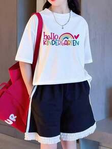 Short-Sleeved T-Shirt, 100% Cotton, Loose Fit, "Hello KINDERGARTEN" Text Print, Breathable Casual Top, Everyday Wear, Letter Pattern, Adult Women's Summer Short-Sleeved T-Shirt, Breathable Fabric, Suitable For Back To School Season, Suitable For Outdoor Use, Cotton-TAYZI VWXB 100% Cotton. - 白色 - 查看 6