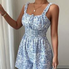 Women's Apricot Base Multi-Color Printed Frill Trim Spaghetti Strap Tie Waist Jumpsuit, Elegant & Sophisticated, Suitable For Valentine's Day, Easter, May Day, Birthday, Date, Party, Formal Occasions, Teacher's Outfit, High-Vibe, Spring/Summer - Azul y blanco - Ver 2