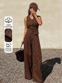 Conjunto de mezclilla informal para mujer con chaleco de mezclilla sin mangas de cuello en V y pantalones rectos - Marrón - Ver 1