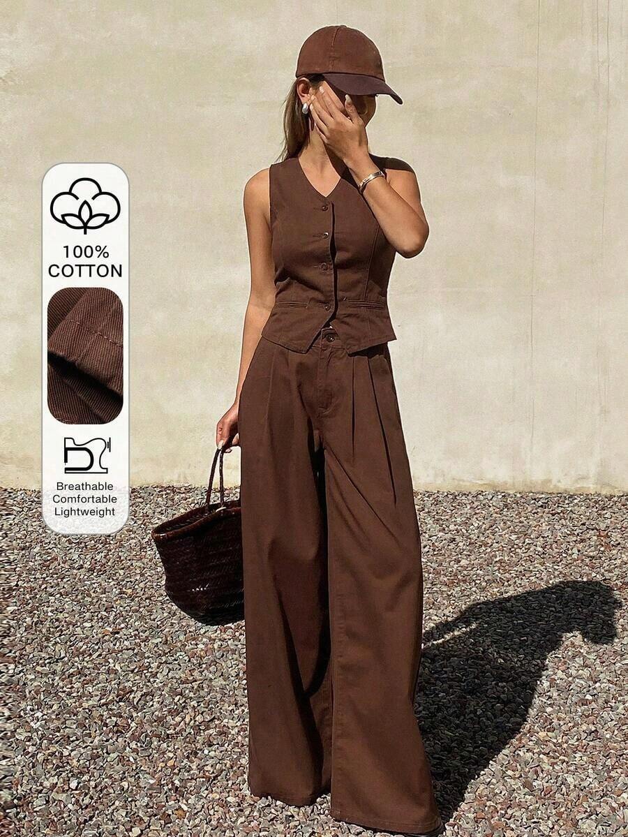 Conjunto de mezclilla informal para mujer con chaleco de mezclilla sin mangas de cuello en V y pantalones rectos - Marrón - Ver 1