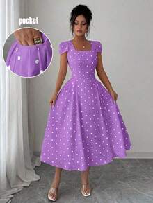 Vestido largo de mujer con cuello cuadrado, manga corta, plisado en la cintura y estampado de lunares elegante - Morado - Ver 9